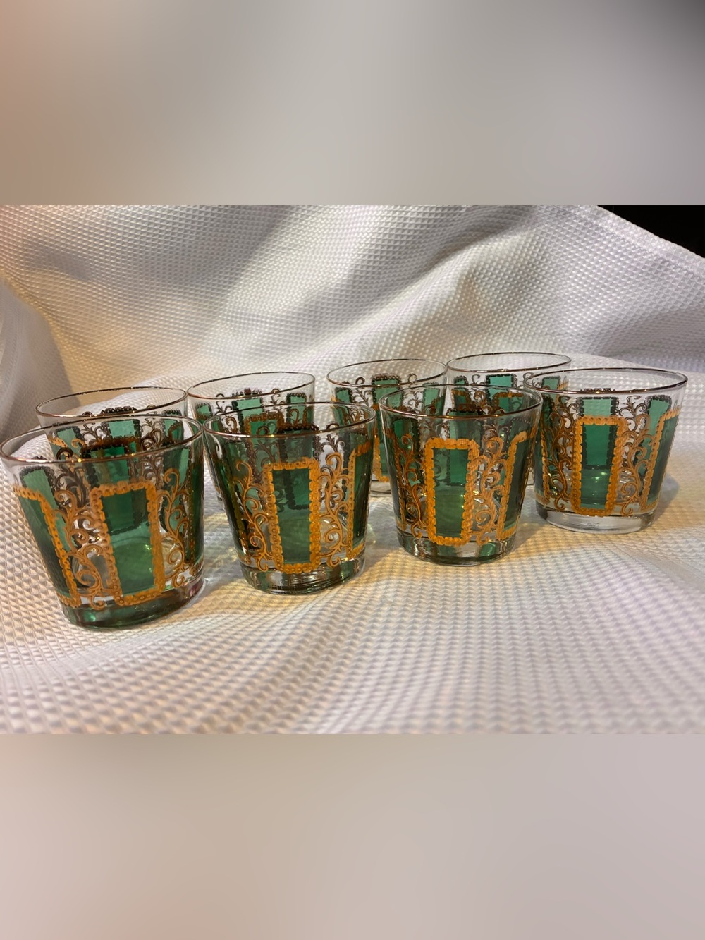 Vintage Culver Emerald Scroll Lowball Glasses Set of 8 - 22K Gold MCM Barware